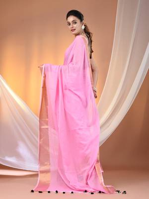 Pink mulmul cotton soft saree with zari borders Without blouse 3