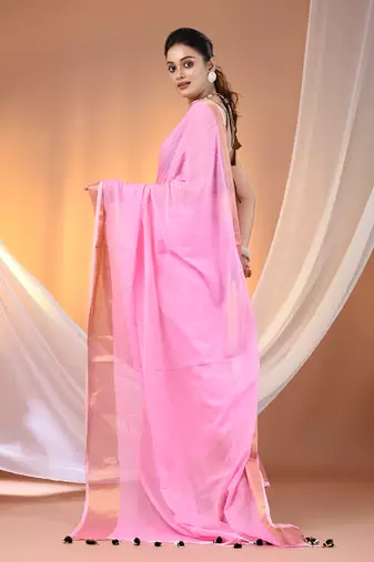 Pink mulmul cotton soft saree with zari borders Without blouse