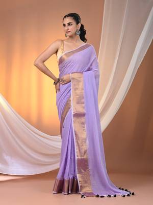 Violet mulmul cotton soft saree with zari borders Without blouse 1