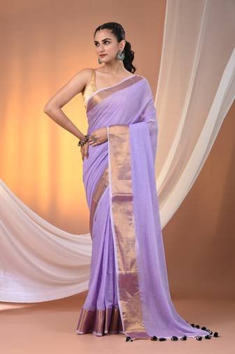 Violet mulmul cotton soft saree with zari borders Without blouse