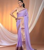 Violet mulmul cotton soft saree with zari borders Without blouse