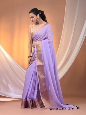 Violet mulmul cotton soft saree with zari borders Without blouse 2