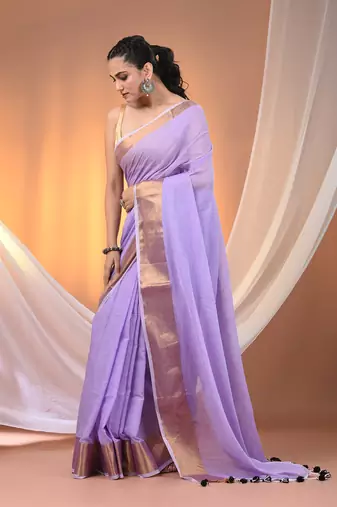 Violet mulmul cotton soft saree with zari borders Without blouse