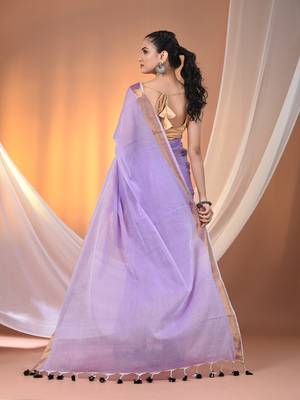 Violet mulmul cotton soft saree with zari borders Without blouse 3