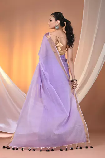 Violet mulmul cotton soft saree with zari borders Without blouse