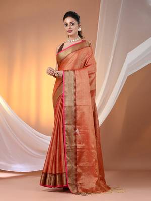 Red tissue soft saree with zari borders 1