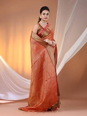 Red tissue soft saree with zari borders 2