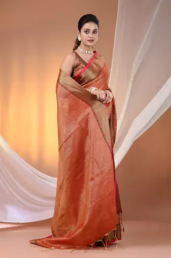 Red tissue soft saree with zari borders