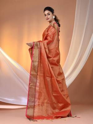 Red tissue soft saree with zari borders 3
