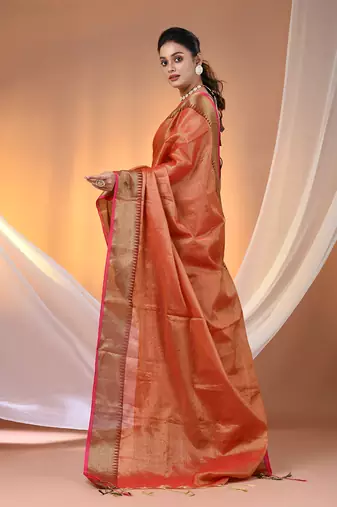 Red tissue soft saree with zari borders