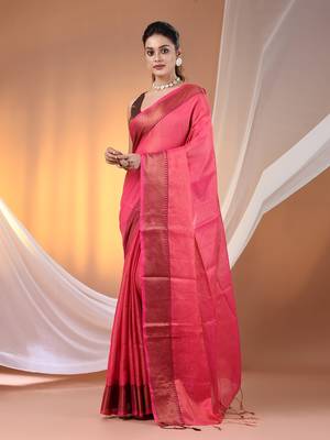 Pink tissue soft saree with zari borders 1
