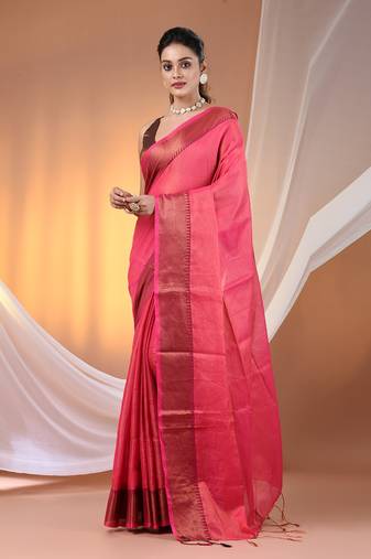 Pink tissue soft saree with zari borders