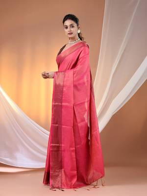 Pink tissue soft saree with zari borders 2