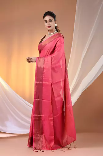 Pink tissue soft saree with zari borders