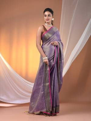 Purple tissue soft saree with zari borders 2