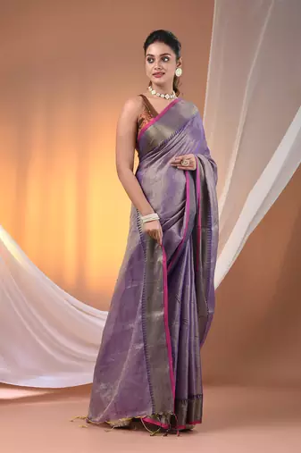 Purple tissue soft saree with zari borders