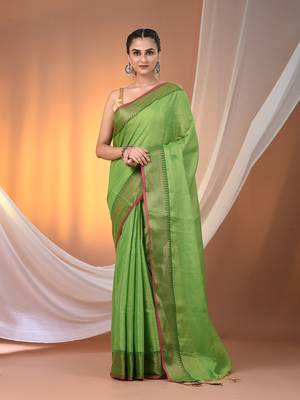 Green tissue soft saree with zari borders 1