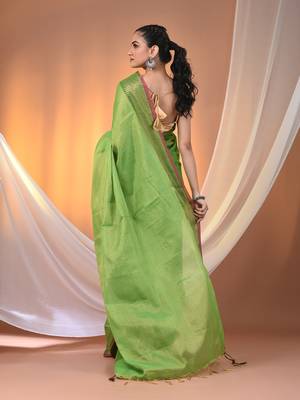 Green tissue soft saree with zari borders 3