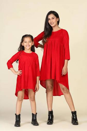 Trendy red high-low dresses for mom and daughter - matching set