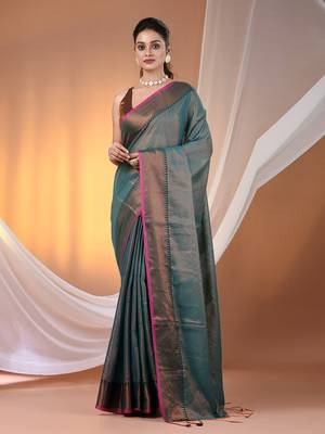 Teal tissue soft saree with zari borders 1