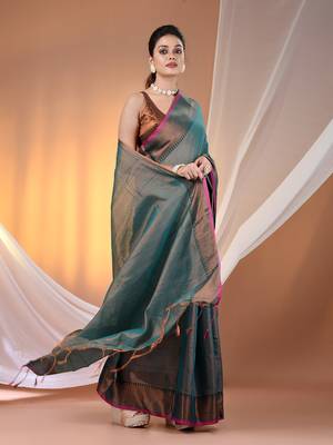 Teal tissue soft saree with zari borders 2