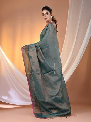 Teal tissue soft saree with zari borders 3