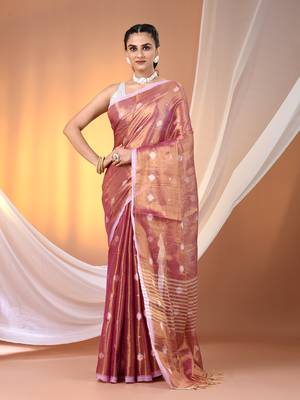 Violet dual tone texture motifs tissue saree with stripes pallu 1