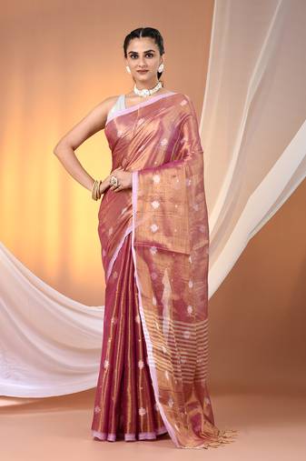 Violet dual tone texture motifs tissue saree with stripes pallu