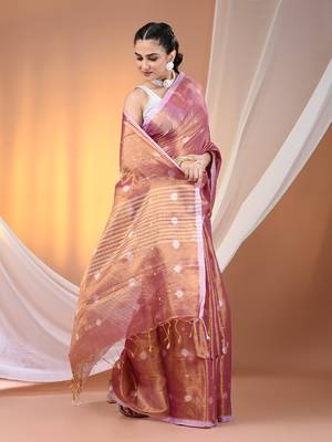 Violet dual tone texture motifs tissue saree with stripes pallu 2