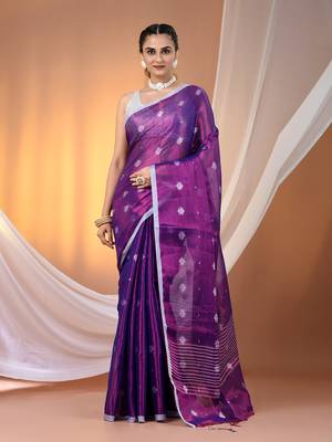 Purple texture motifs tissue saree with stripes pallu 1