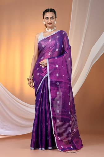 Purple texture motifs tissue saree with stripes pallu