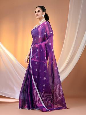 Purple texture motifs tissue saree with stripes pallu 2