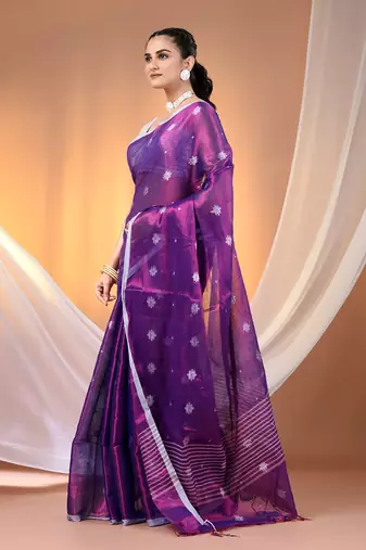 Purple texture motifs tissue saree with stripes pallu