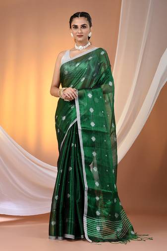 Green texture motifs tissue saree with stripes pallu