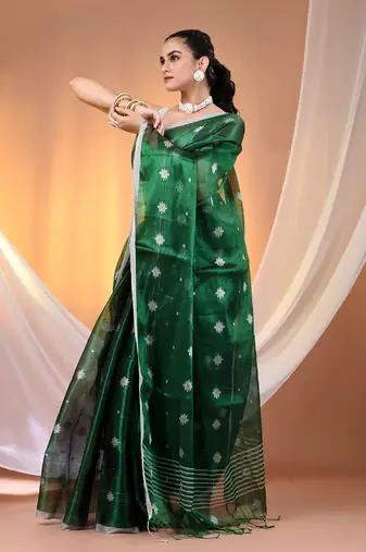 Green texture motifs tissue saree with stripes pallu