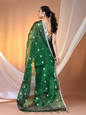 Green texture motifs tissue saree with stripes pallu 3
