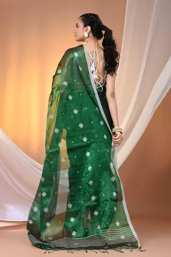 Green texture motifs tissue saree with stripes pallu