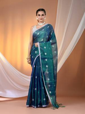 Peacock blue texture motifs tissue saree with stripes pallu 1
