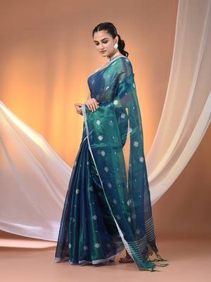 Peacock blue texture motifs tissue saree with stripes pallu 2