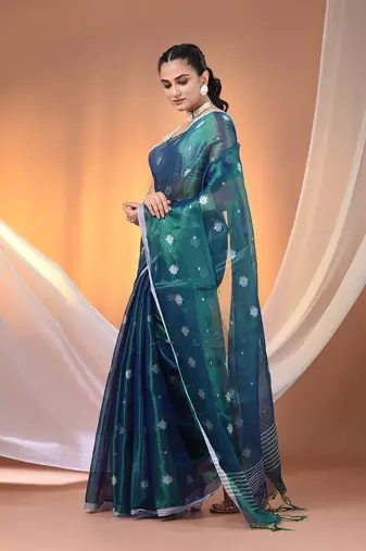 Peacock blue texture motifs tissue saree with stripes pallu