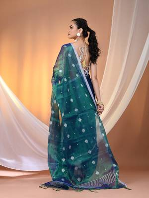 Peacock blue texture motifs tissue saree with stripes pallu 3