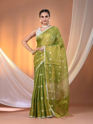 Parrot green texture motifs tissue saree with stripes pallu 1