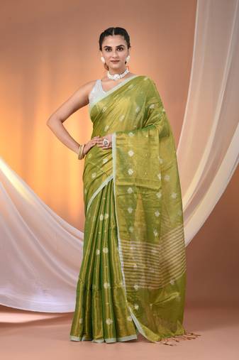 Parrot green texture motifs tissue saree with stripes pallu