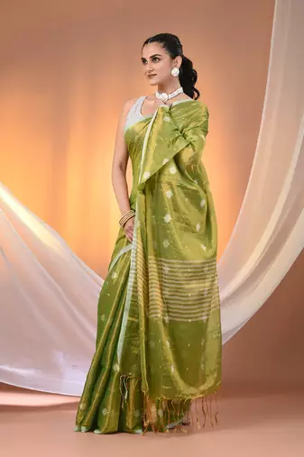 Parrot green texture motifs tissue saree with stripes pallu
