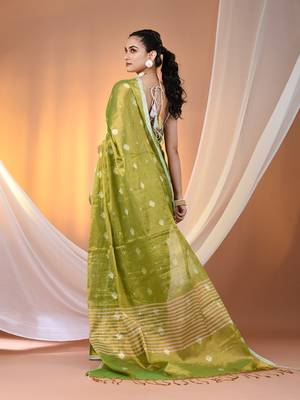 Parrot green texture motifs tissue saree with stripes pallu 3