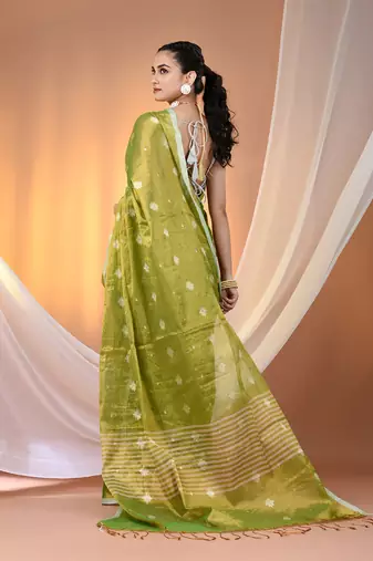 Parrot green texture motifs tissue saree with stripes pallu