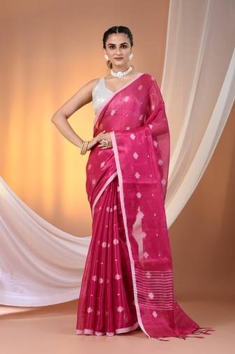 Pink texture motifs tissue saree with stripes pallu