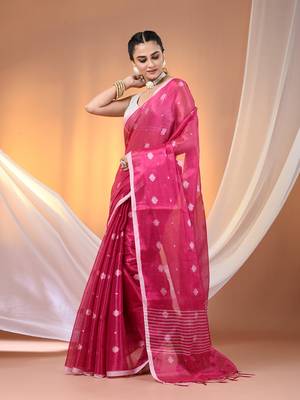 Pink texture motifs tissue saree with stripes pallu 2