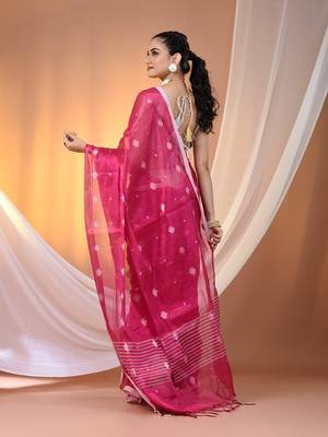 Pink texture motifs tissue saree with stripes pallu 3