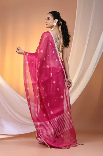 Pink texture motifs tissue saree with stripes pallu